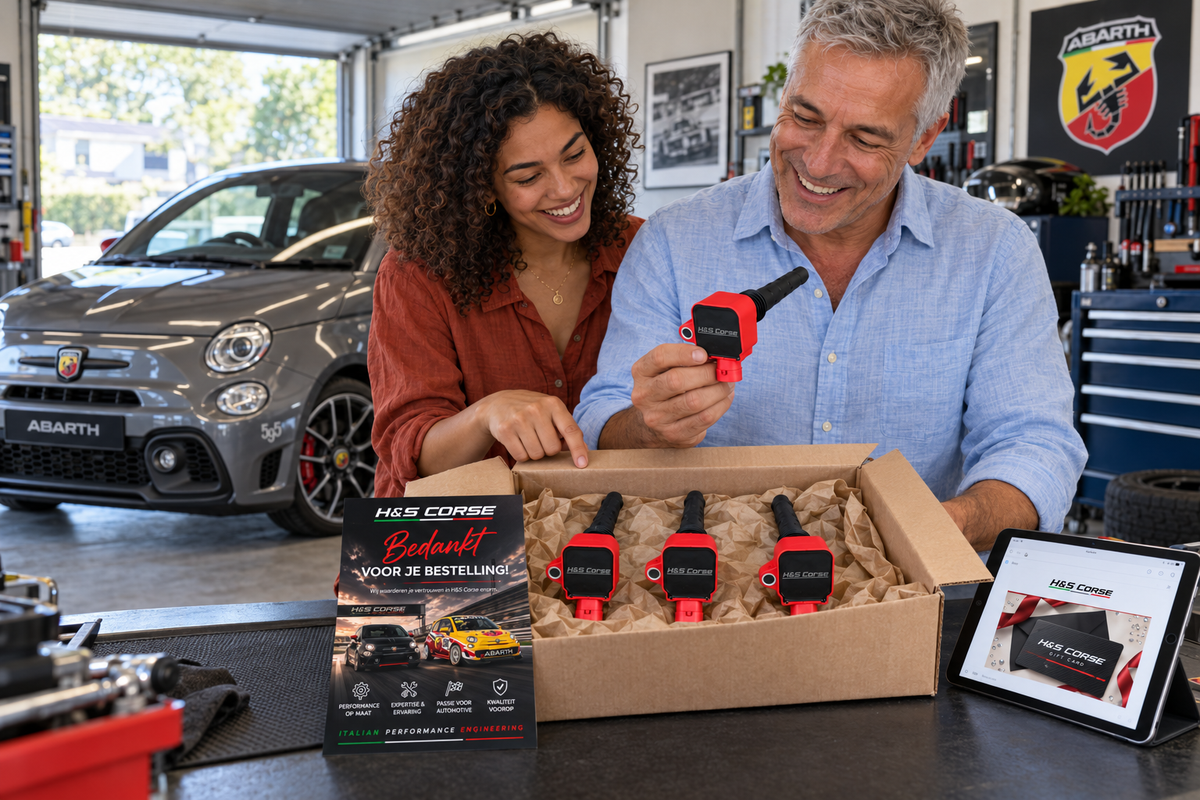 Samen H&S Corse bobines uitpakken naast een Abarth 595
