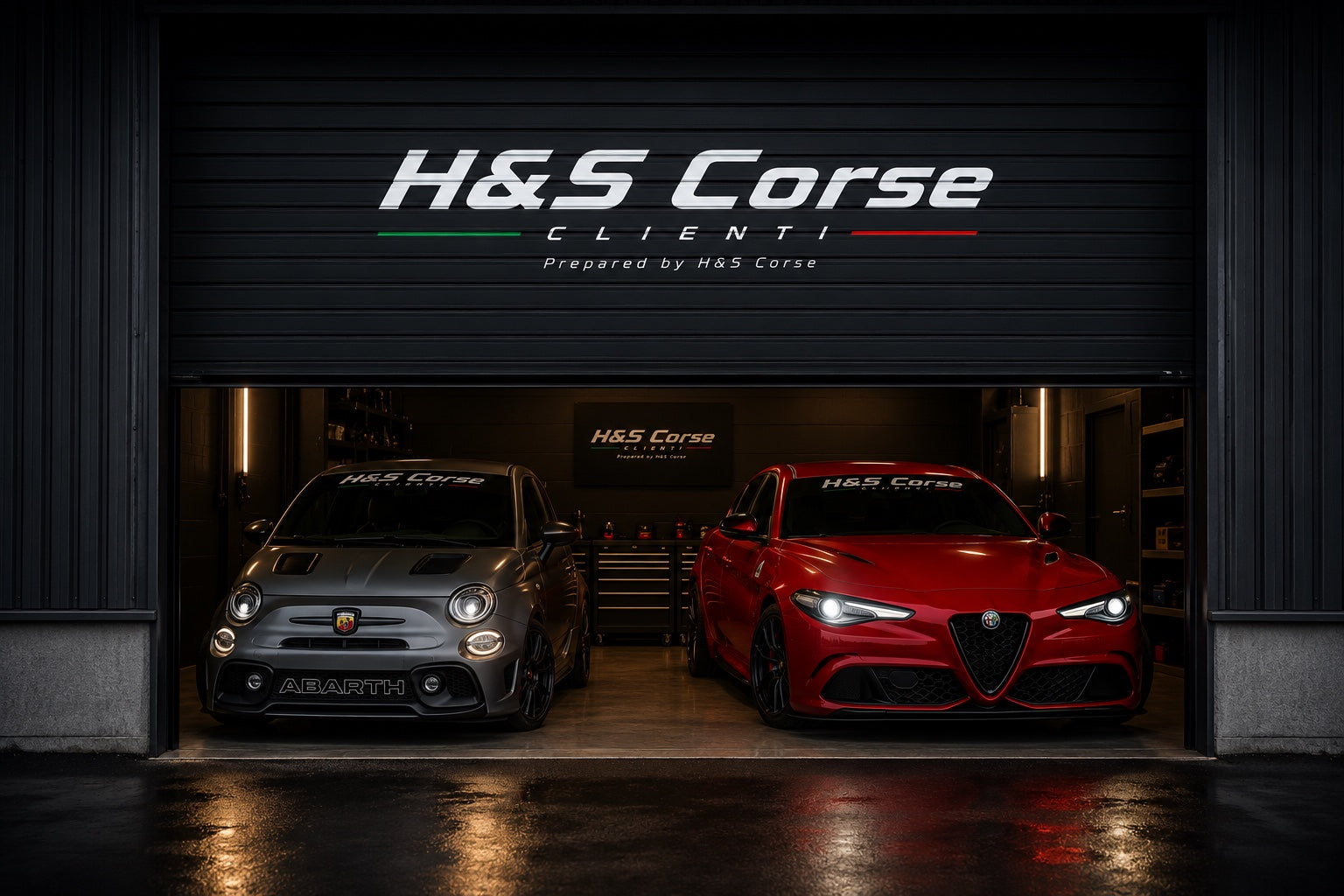 H&S Corse garage met Abarth en Alfa Romeo build